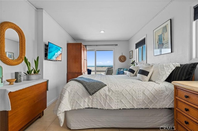 bedroom featuring access to outside, light tile patterned floors, crown molding, baseboards, and recessed lighting