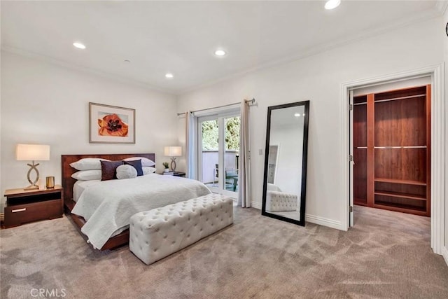 bedroom featuring crown molding, light colored carpet, and access to exterior