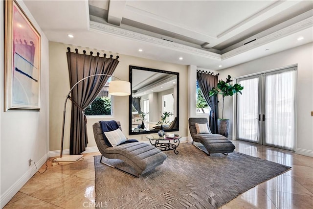 living area featuring french doors, beamed ceiling, coffered ceiling, and a wealth of natural light