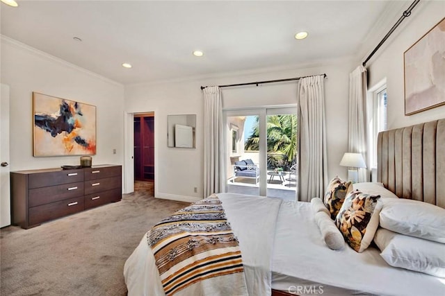 carpeted bedroom featuring crown molding and access to exterior