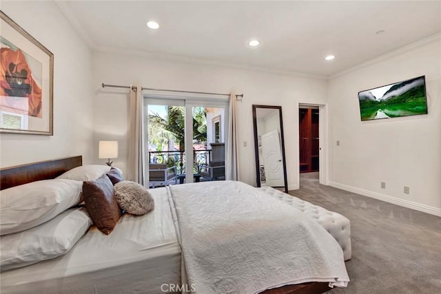 bedroom with carpet flooring, ornamental molding, and access to exterior