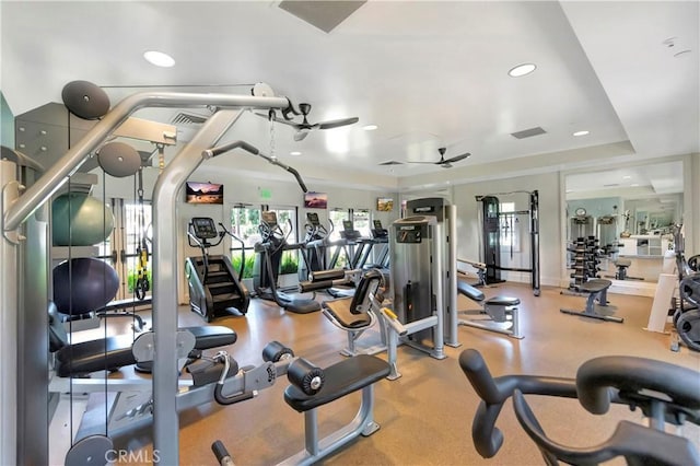 gym featuring recessed lighting, visible vents, and a ceiling fan