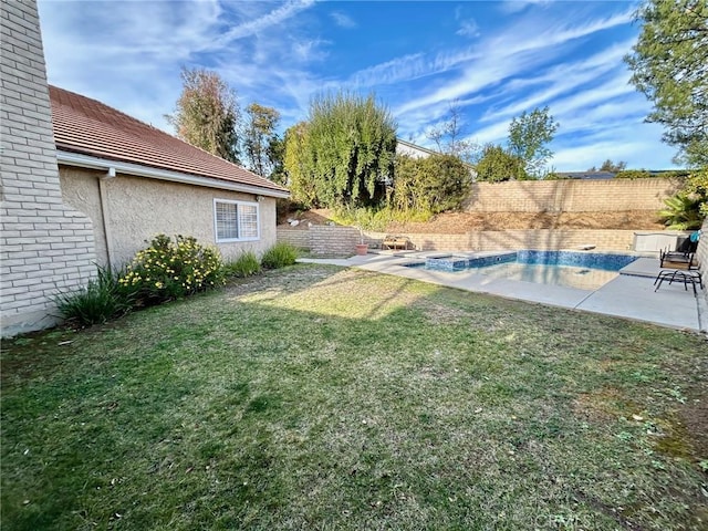 view of yard with a patio area, a fenced backyard, and a fenced in pool