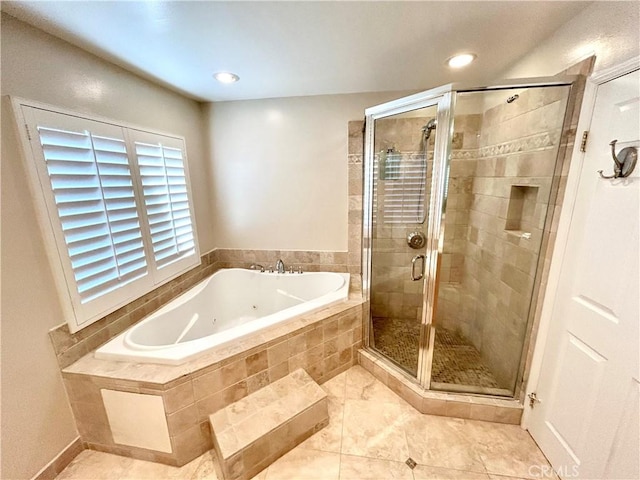 full bathroom with recessed lighting, a shower stall, and a whirlpool tub