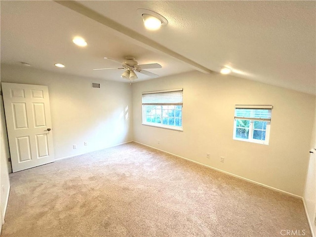 additional living space with a ceiling fan, carpet, visible vents, lofted ceiling, and recessed lighting