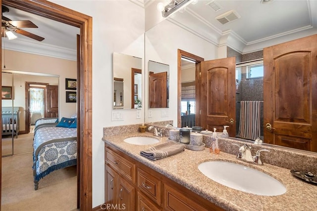 41700 Jojoba Hills Cir, Aguanga, CA 92536 - bathroom with ceiling fan, ornamental molding, and vanity