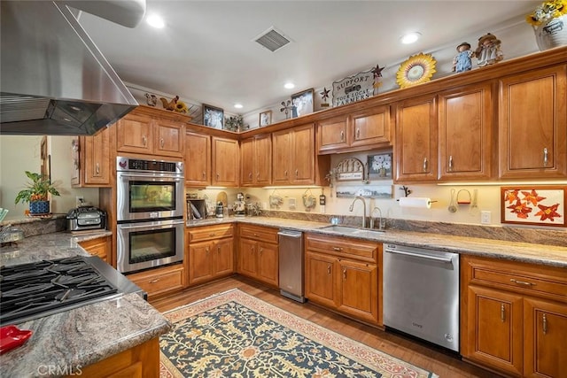 41700 Jojoba Hills Cir, Aguanga, CA 92536 - kitchen featuring appliances with stainless steel finishes, sink, island range hood, and light hardwood / wood-style flooring