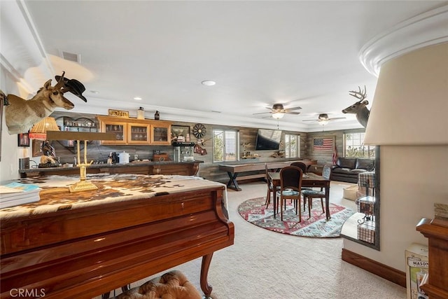 41700 Jojoba Hills Cir, Aguanga, CA 92536 - interior space with ceiling fan, ornamental molding, plenty of natural light, and light carpet
