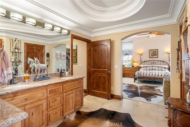 41700 Jojoba Hills Cir, Aguanga, CA 92536 - bathroom featuring vanity, a tray ceiling, ornamental molding, and tile patterned floors
