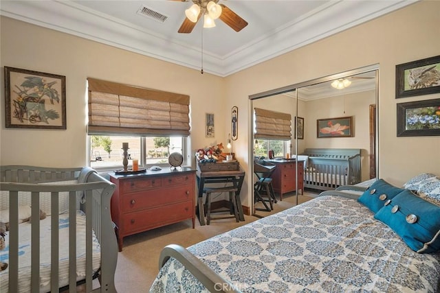 41700 Jojoba Hills Cir, Aguanga, CA 92536 - bedroom featuring crown molding, light colored carpet, and multiple windows