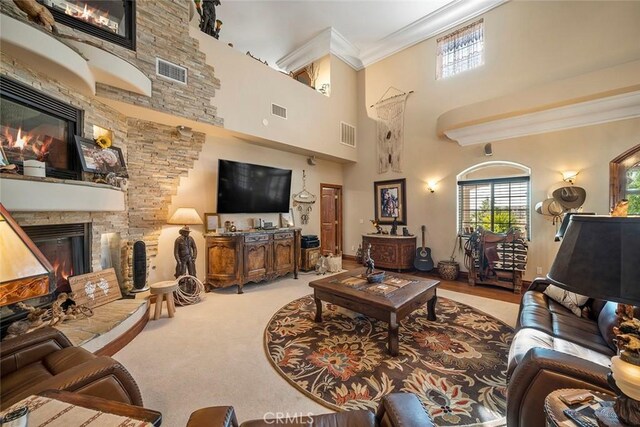 41700 Jojoba Hills Cir, Aguanga, CA 92536 - living room with crown molding, a stone fireplace, light carpet, and a high ceiling