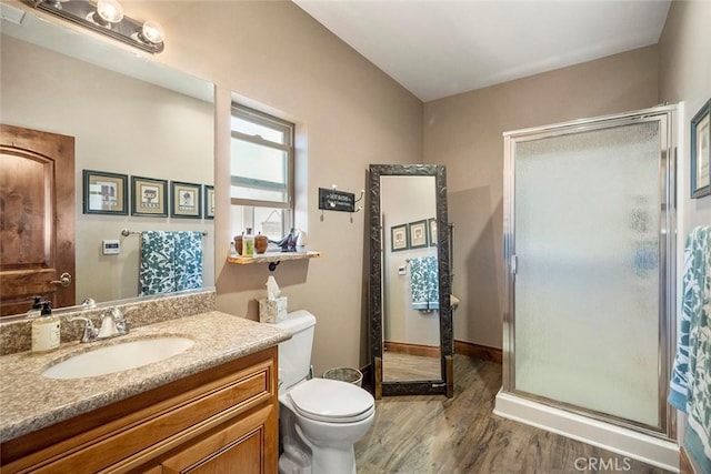 41700 Jojoba Hills Cir, Aguanga, CA 92536 - bathroom featuring vanity, hardwood / wood-style floors, an enclosed shower, and toilet