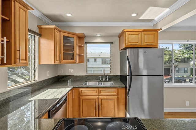 kitchen with crown molding, appliances with stainless steel finishes, sink, and dark stone counters