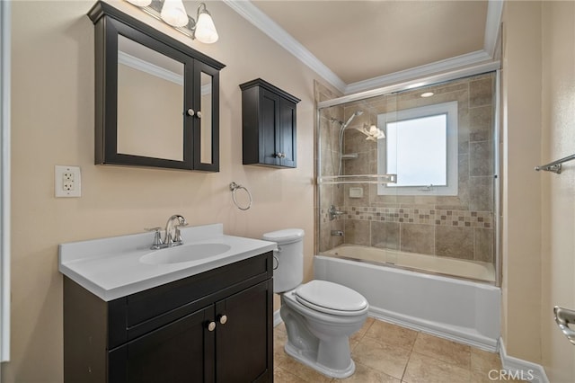 full bathroom with toilet, ornamental molding, vanity, enclosed tub / shower combo, and tile patterned flooring