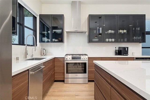 kitchen featuring wall chimney exhaust hood, sink, light wood-type flooring, stainless steel appliances, and decorative backsplash