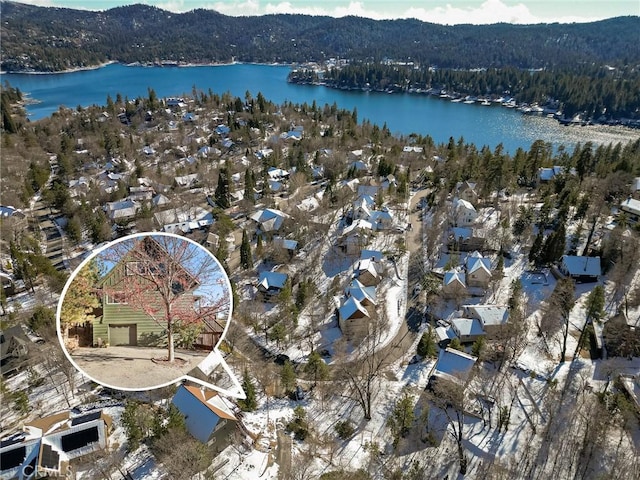 birds eye view of property with a water and mountain view