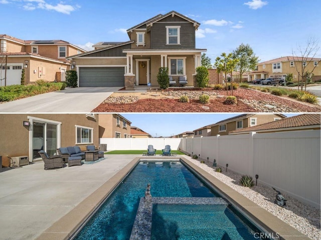 view of swimming pool featuring a patio, a fenced backyard, outdoor lounge area, and a pool with connected hot tub