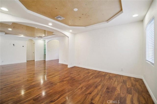 spare room featuring a raised ceiling, plenty of natural light, and dark hardwood / wood-style flooring