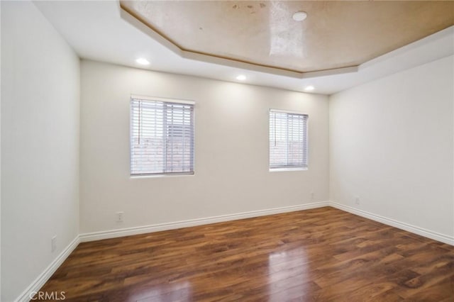 empty room featuring dark hardwood / wood-style flooring, a tray ceiling, and a wealth of natural light