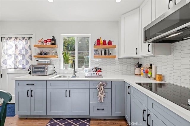 kitchen with tasteful backsplash, black electric stovetop, light hardwood / wood-style floors, and sink