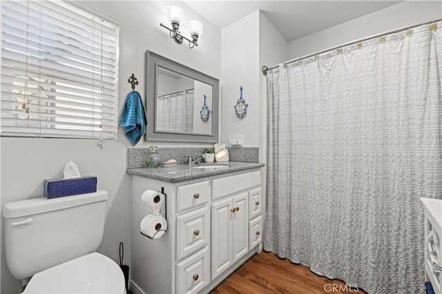 bathroom featuring vanity, hardwood / wood-style floors, and toilet