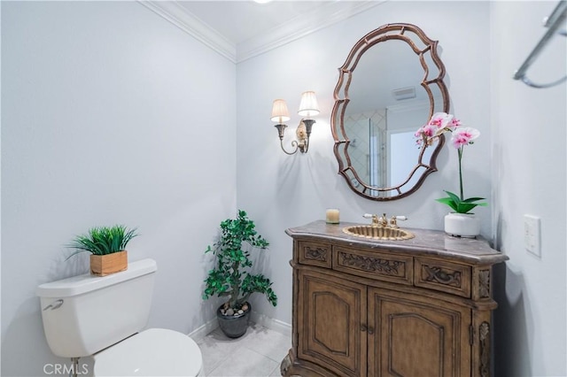 2381 Via Mariposa W Unit 2C, Laguna Woods, CA 92637 - half bath with toilet, tile patterned floors, vanity, crown molding, and baseboards