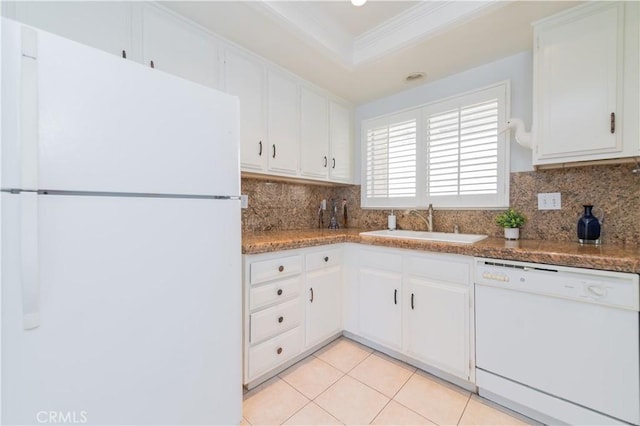 2381 Via Mariposa W Unit 2C, Laguna Woods, CA 92637 - kitchen featuring white appliances, ornamental molding, a sink, decorative backsplash, and white cabinets