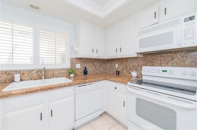 2381 Via Mariposa W Unit 2C, Laguna Woods, CA 92637 - kitchen featuring white appliances, a sink, crown molding, white cabinetry, and decorative backsplash