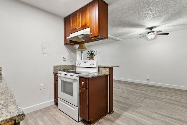 kitchen with a textured ceiling, light wood-type flooring, stone counters, electric stove, and ceiling fan