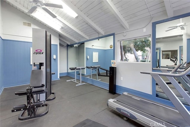 gym featuring ceiling fan, vaulted ceiling, and wooden ceiling