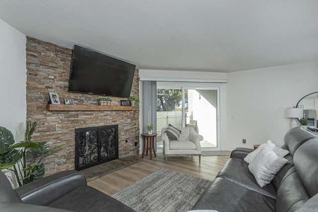 living room featuring wood-type flooring and a large fireplace