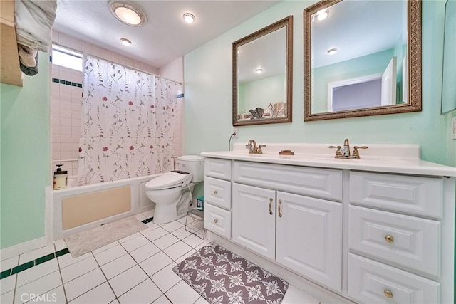 full bathroom with vanity, tile patterned flooring, shower / bath combination with curtain, and toilet