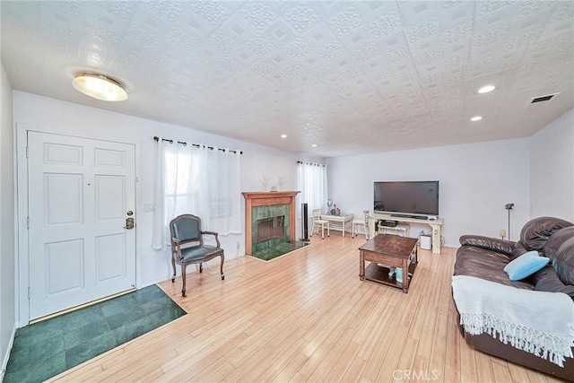 living room featuring a fireplace and wood-type flooring