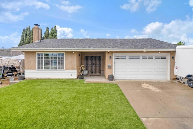 ranch-style home featuring a garage and a front lawn