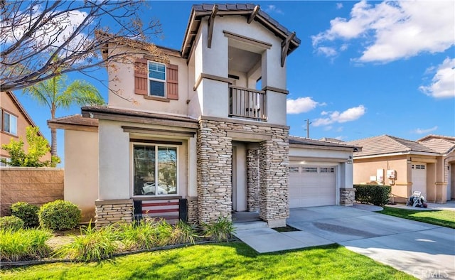 view of front of property featuring stone siding, concrete driveway, a balcony, and stucco siding