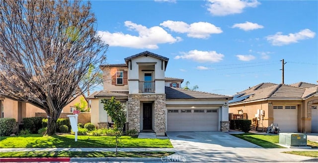 view of front facade featuring an attached garage, stone siding, driveway, stucco siding, and a front lawn