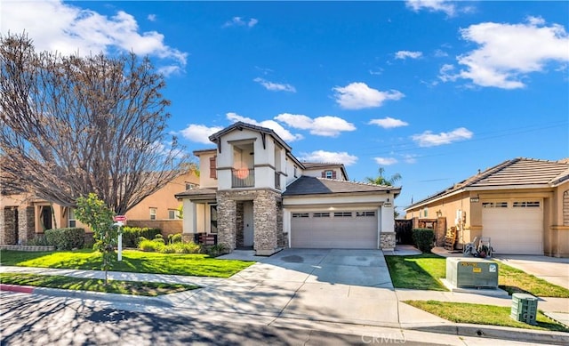 view of front of house featuring stone siding, stucco siding, concrete driveway, and a front yard