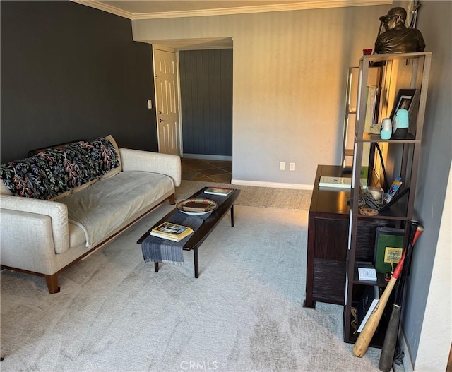 carpeted living room with ornamental molding