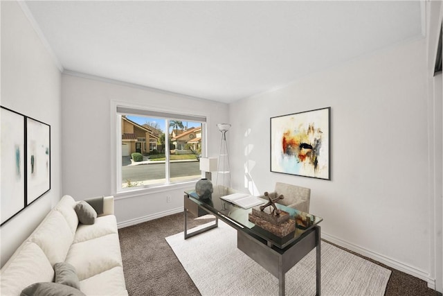 office with carpet floors, baseboards, and crown molding