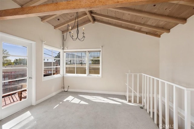 interior space with high vaulted ceiling, a notable chandelier, carpet floors, wooden ceiling, and beamed ceiling