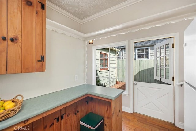 doorway featuring ornamental molding, kitchen peninsula, and light hardwood / wood-style floors