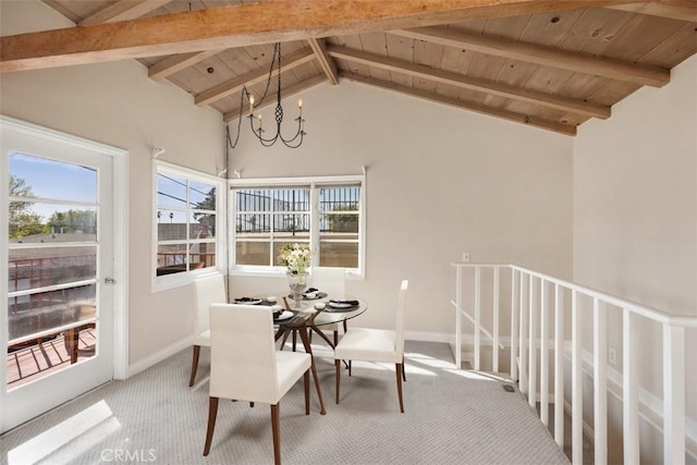 dining space with high vaulted ceiling, carpet flooring, a notable chandelier, wooden ceiling, and beamed ceiling