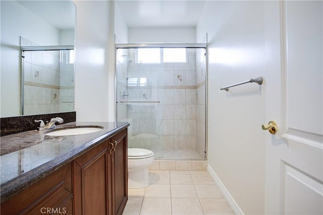 bathroom with vanity, tile patterned floors, toilet, and walk in shower