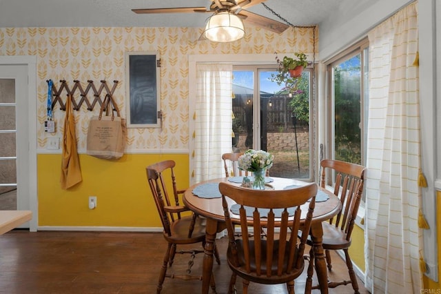 dining area with ceiling fan, dark wood-type flooring, and a textured ceiling