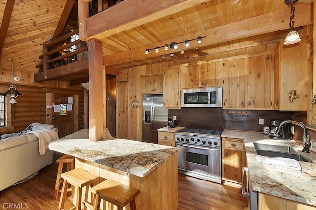 kitchen with sink, wood ceiling, light stone countertops, and appliances with stainless steel finishes