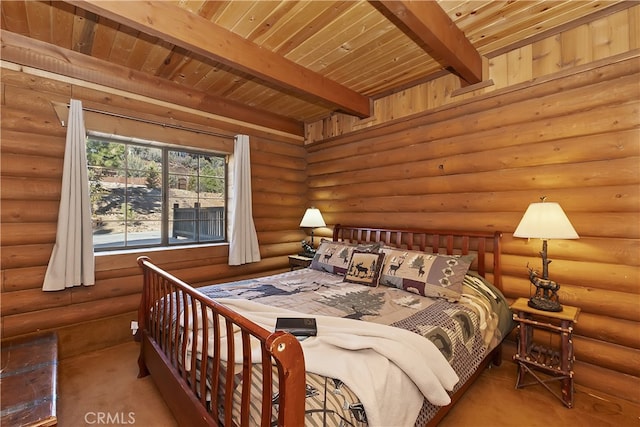 bedroom with wood ceiling, beam ceiling, and log walls