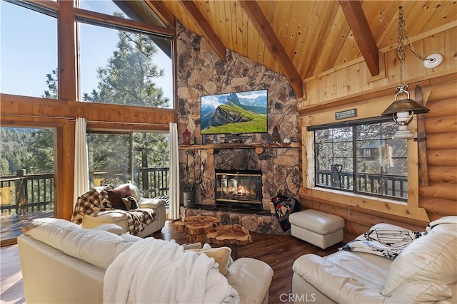 living room with wood ceiling, wood-type flooring, high vaulted ceiling, beamed ceiling, and a fireplace