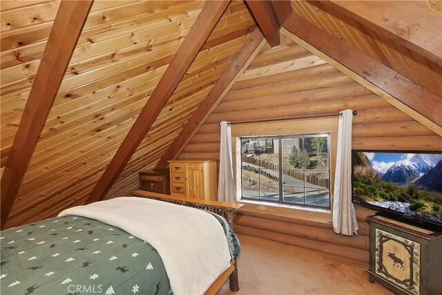 carpeted bedroom featuring wood ceiling and lofted ceiling with beams