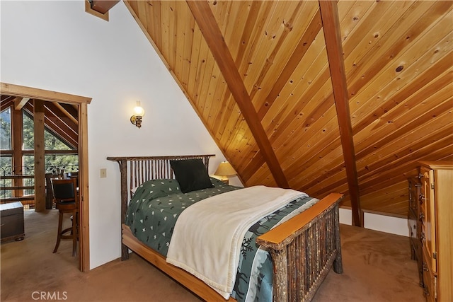 bedroom with wood ceiling, high vaulted ceiling, and carpet flooring