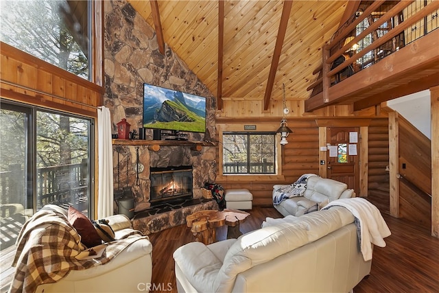 living room featuring wood ceiling, high vaulted ceiling, dark hardwood / wood-style flooring, a stone fireplace, and log walls